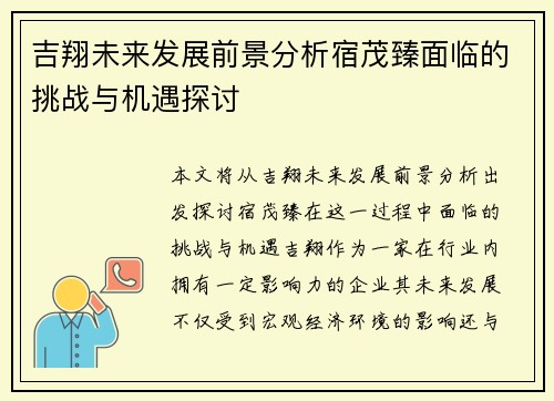 吉翔未来发展前景分析宿茂臻面临的挑战与机遇探讨